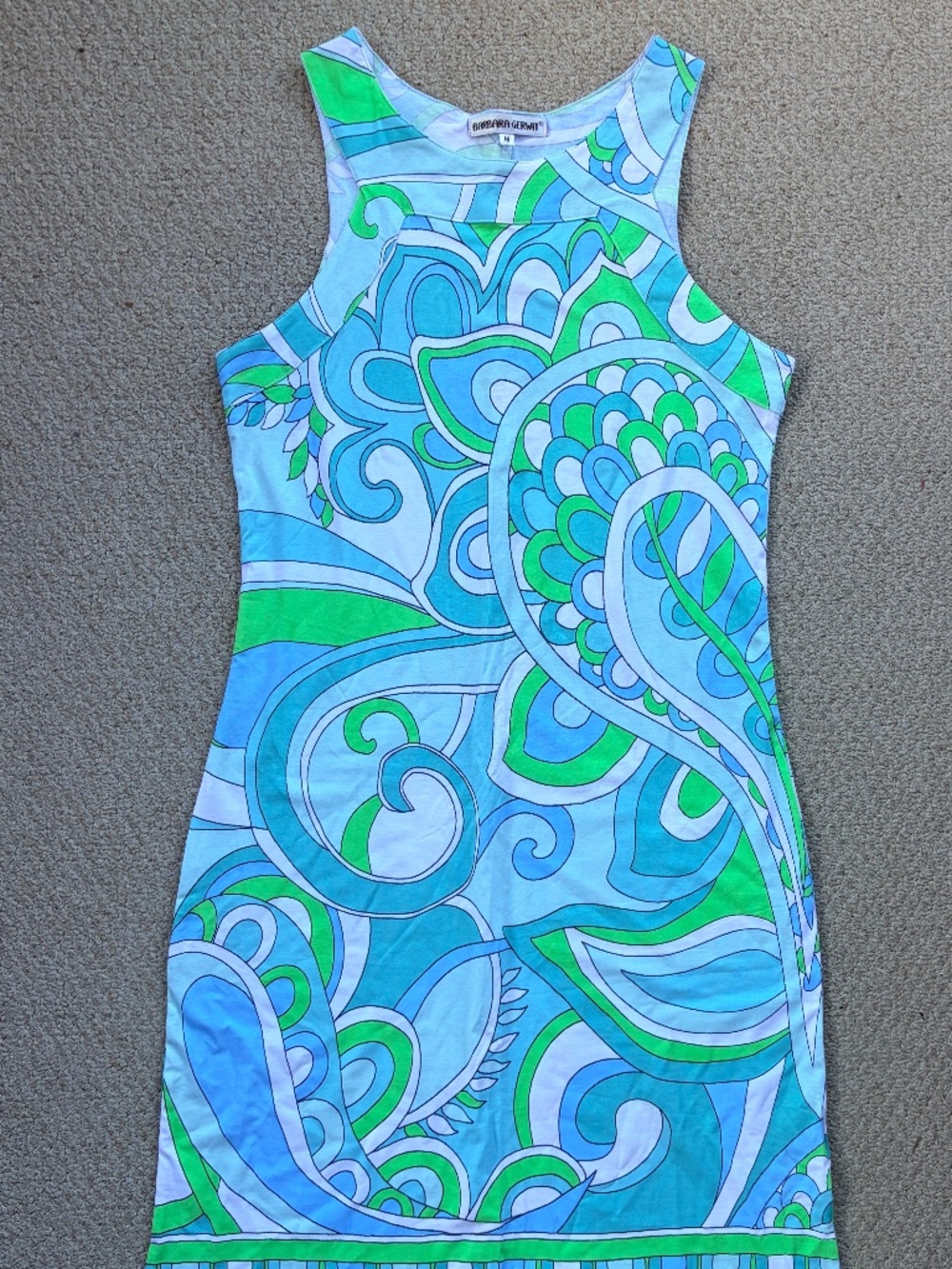 NWOT Barbara Gerwit Vibrant Aqua & Lime Swirl Dress Size Medium
